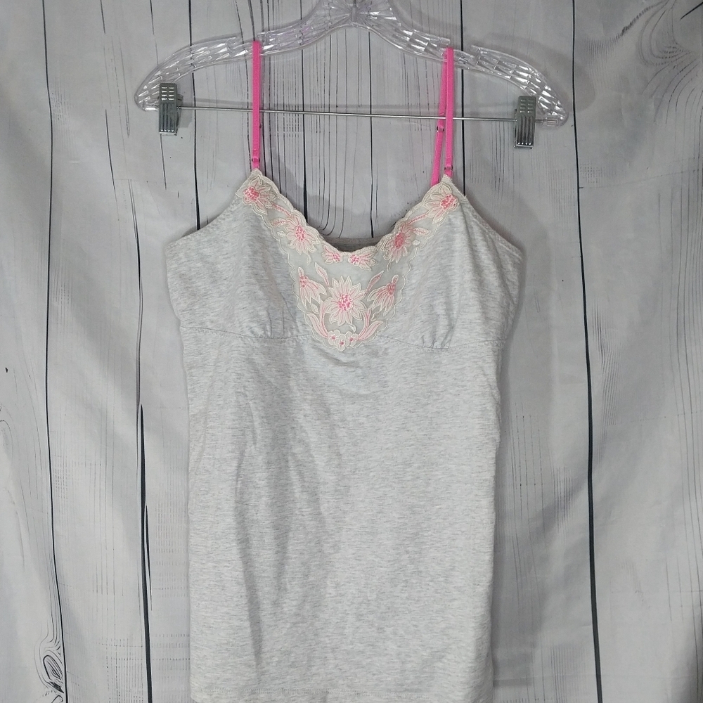 American Eagle Vintage Y2K Gray And Pink  Camisole Tank Top With Floral Lace